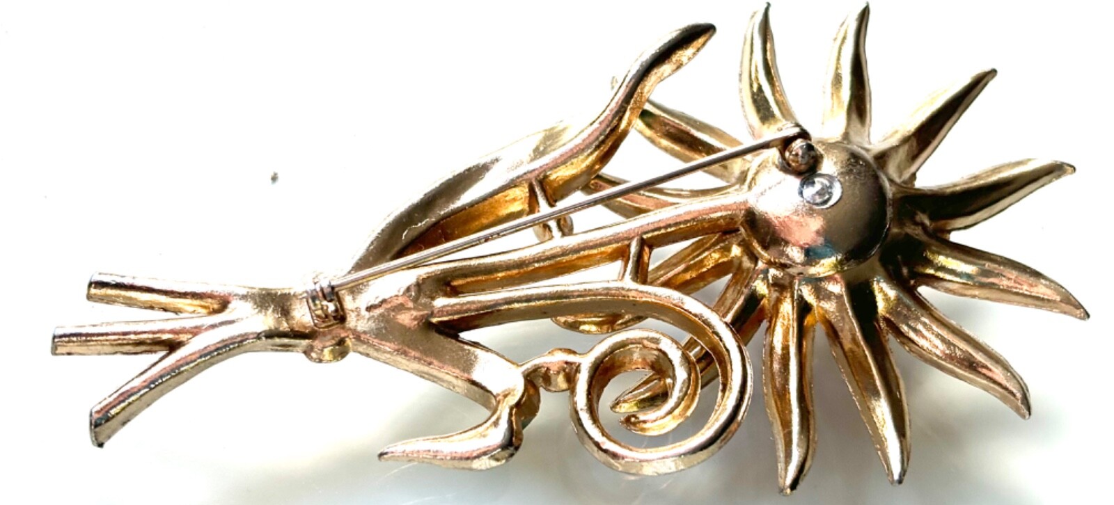 VINTAGE SIGNED CORO RHINESTONE FLOWER BROOCH,MOON GLOW CAB,GILT,STATEMENT PIECE