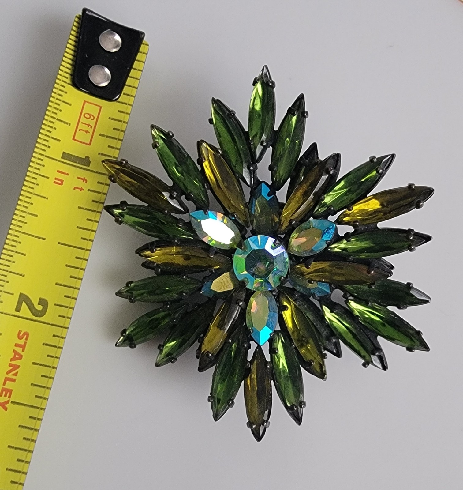 Vintage Regency Brooch Shades of Green Japaned AB Rhinestones Signed 1930s-1950s