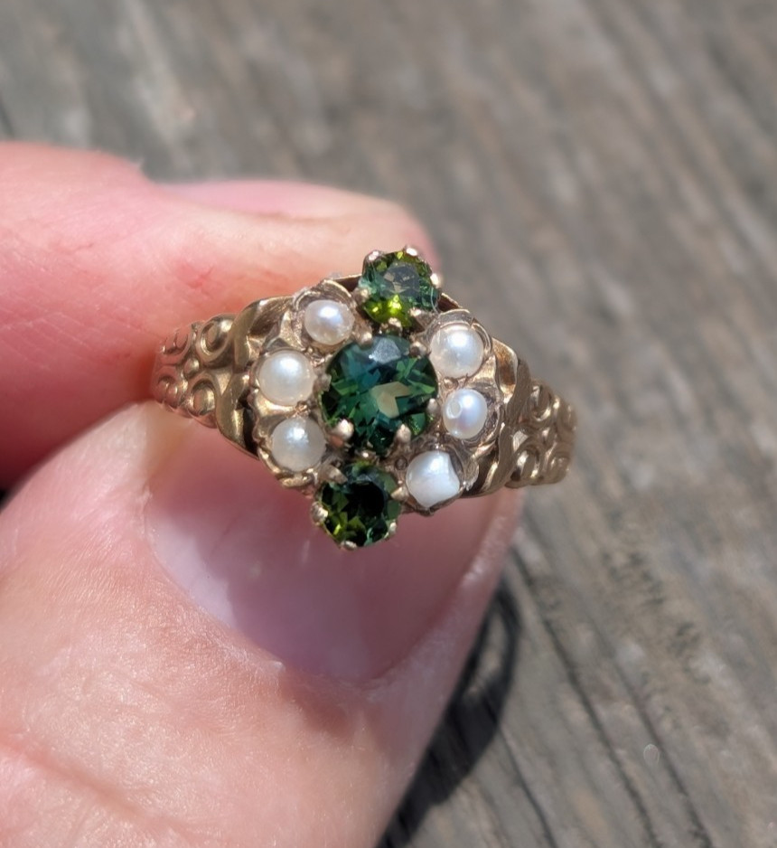 9 k rose gold Victorian ring with 3 green tourmaline and seed pearls sz6