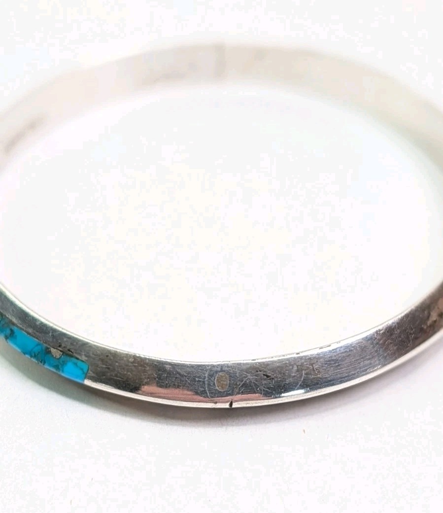 Vintage Turquoise Inlay Bangle Domed Sterling Silver Hinged Opening Size 7.25