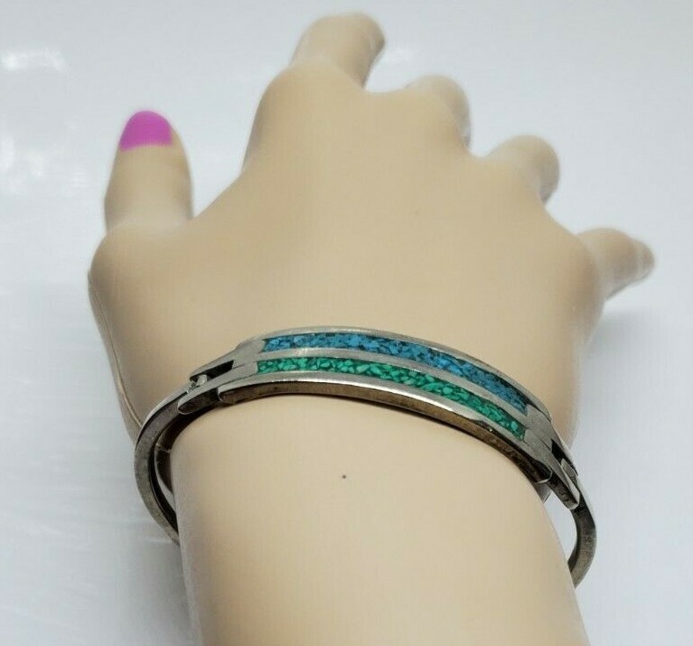 Turquoise Chip Inlay Bracelet Silver Tone Blue Green Side Opening