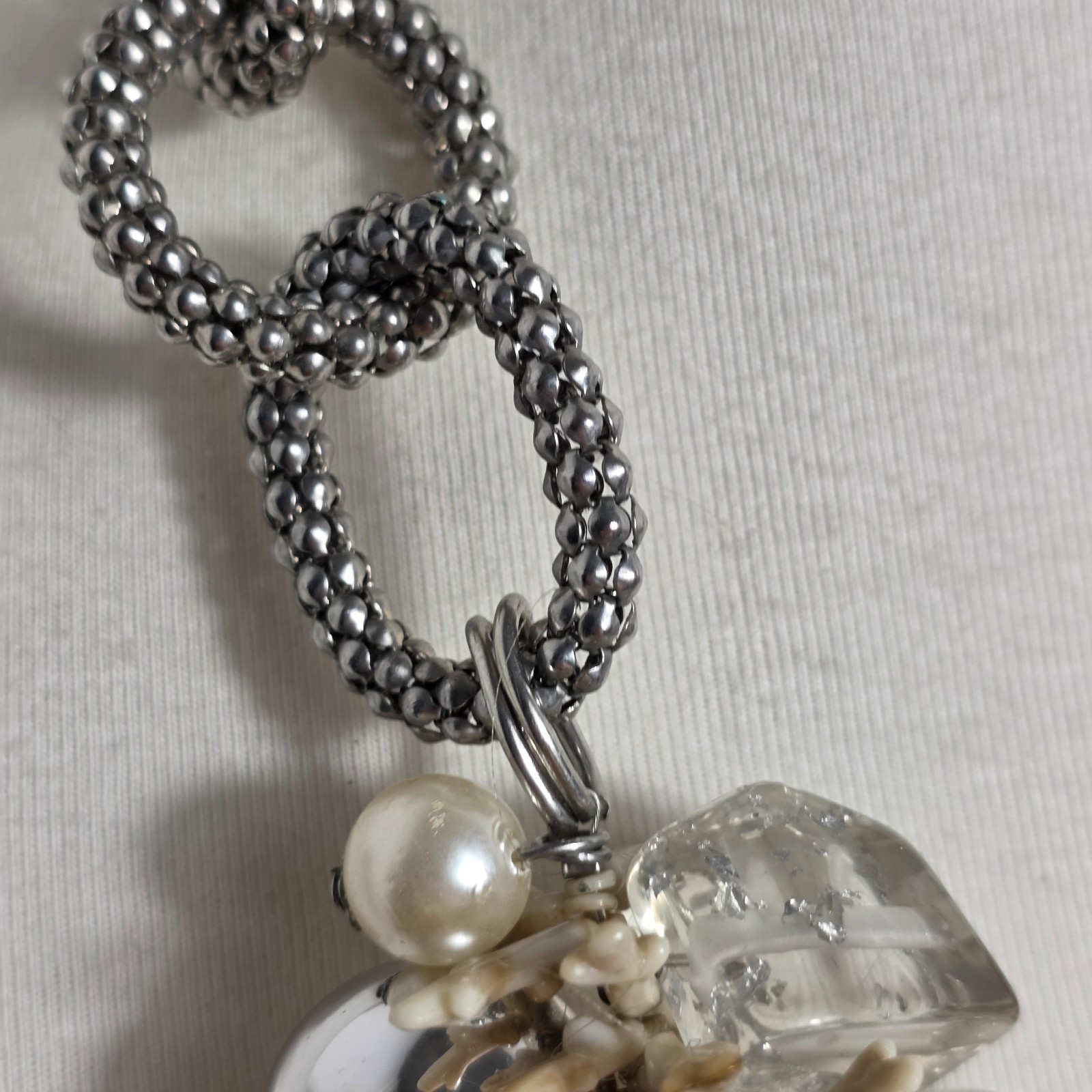 Chunky Statement Necklace Silver Chain Multi-Textured Design Silver & Cream Tone