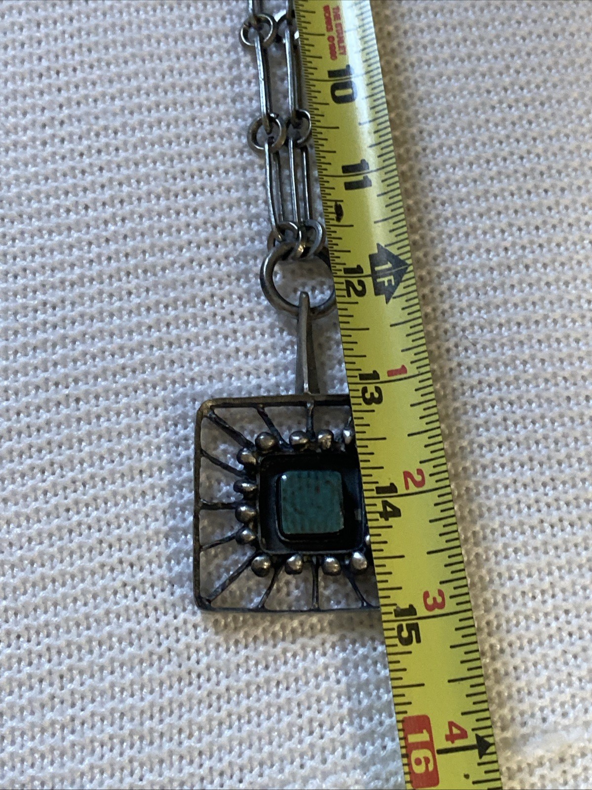 LYSGARGS DESIGN Mid-Century Modernist Pewter & Aqua Ceramic Pendant Necklace #56