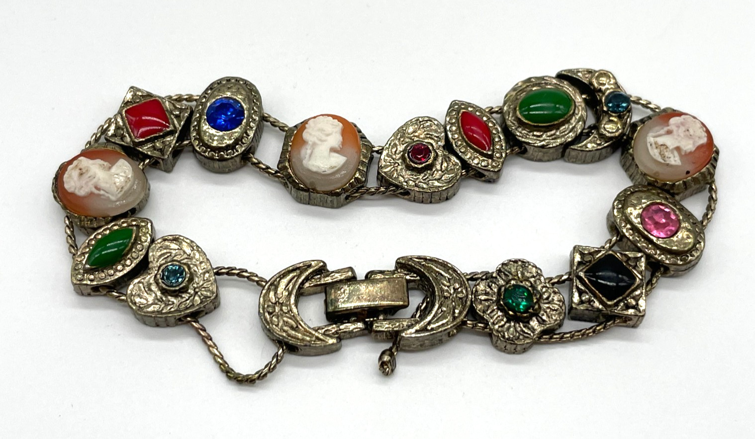 VTG Victorian Revival 14 sliding charms bracelet gold tone Cameo Rhinestone 7″