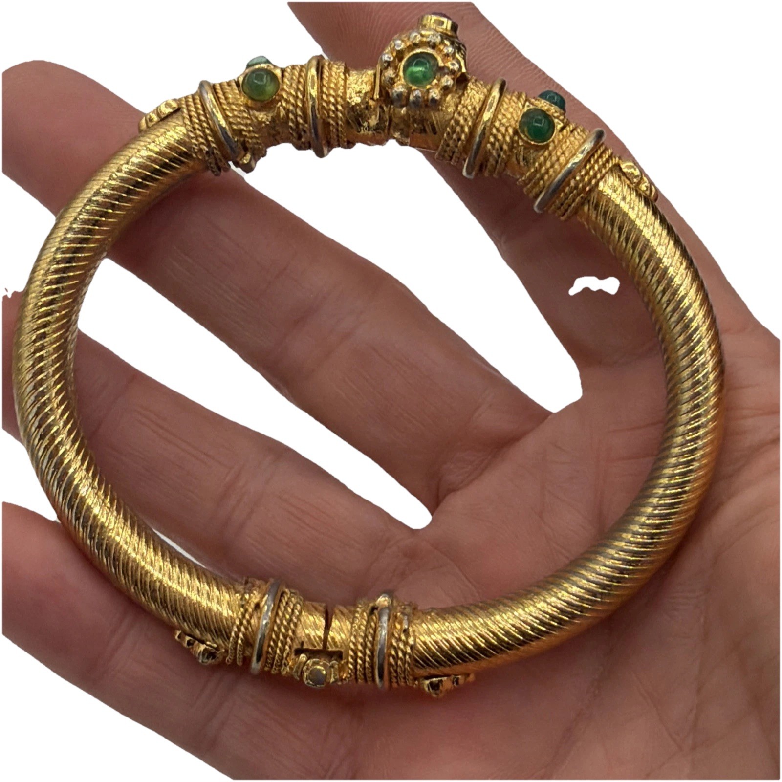 Vintage 18K Gold Plated Bracelet Ornate Green & Red Gemstone Design Elegant