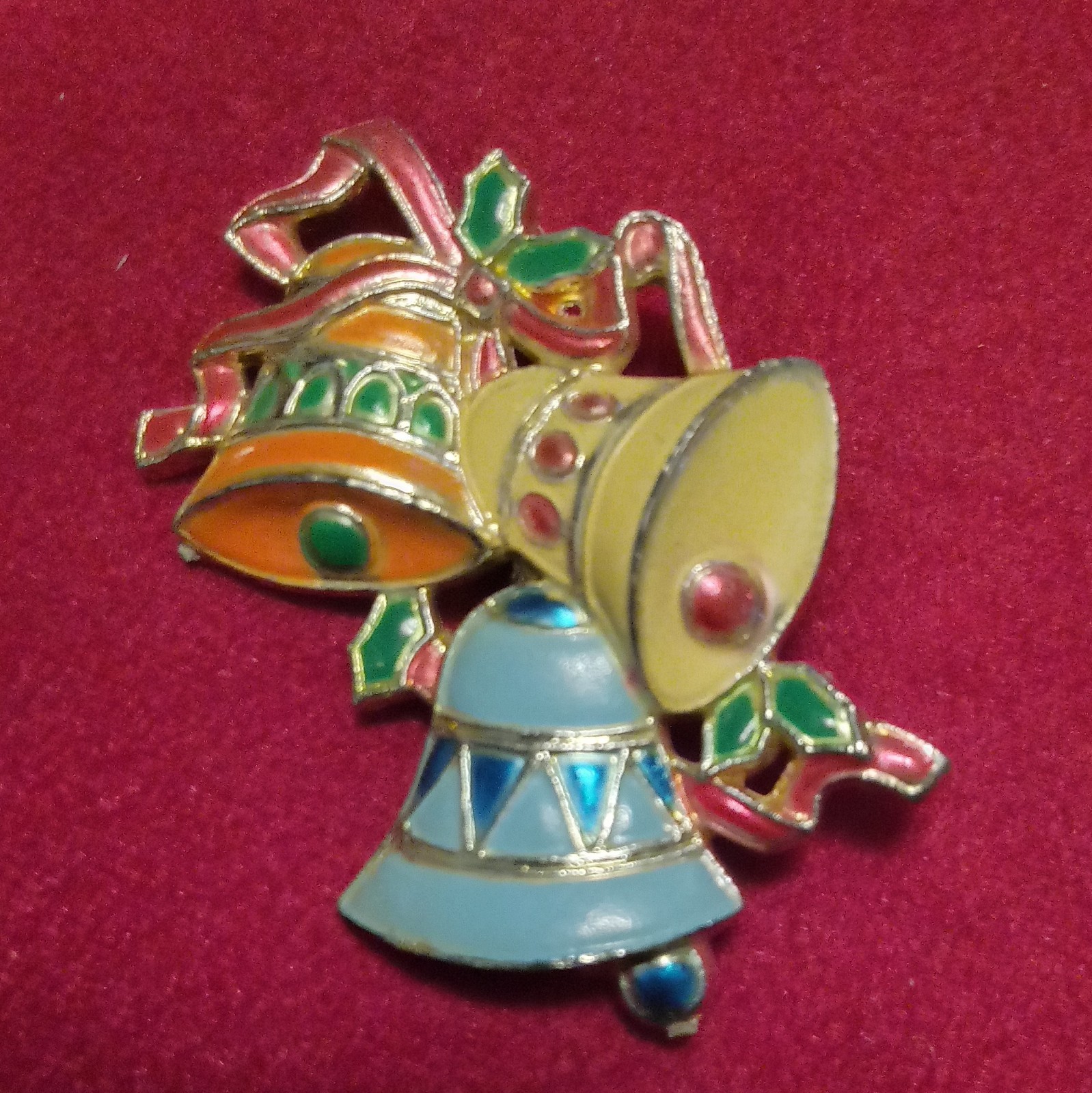 Vintage Enamel Christmas Bells Brooch Pin Art Deco Hong Kong Pin Collection