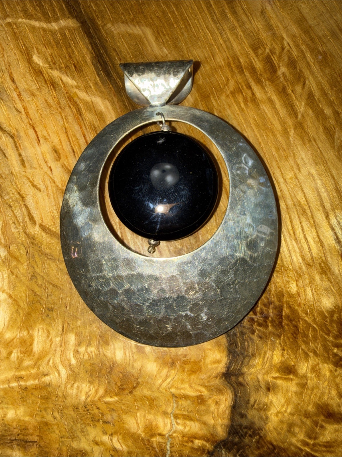 Large Dominique Dinouart 925 Silver Pendant Hammered Onyx Dangle Accent Vintage