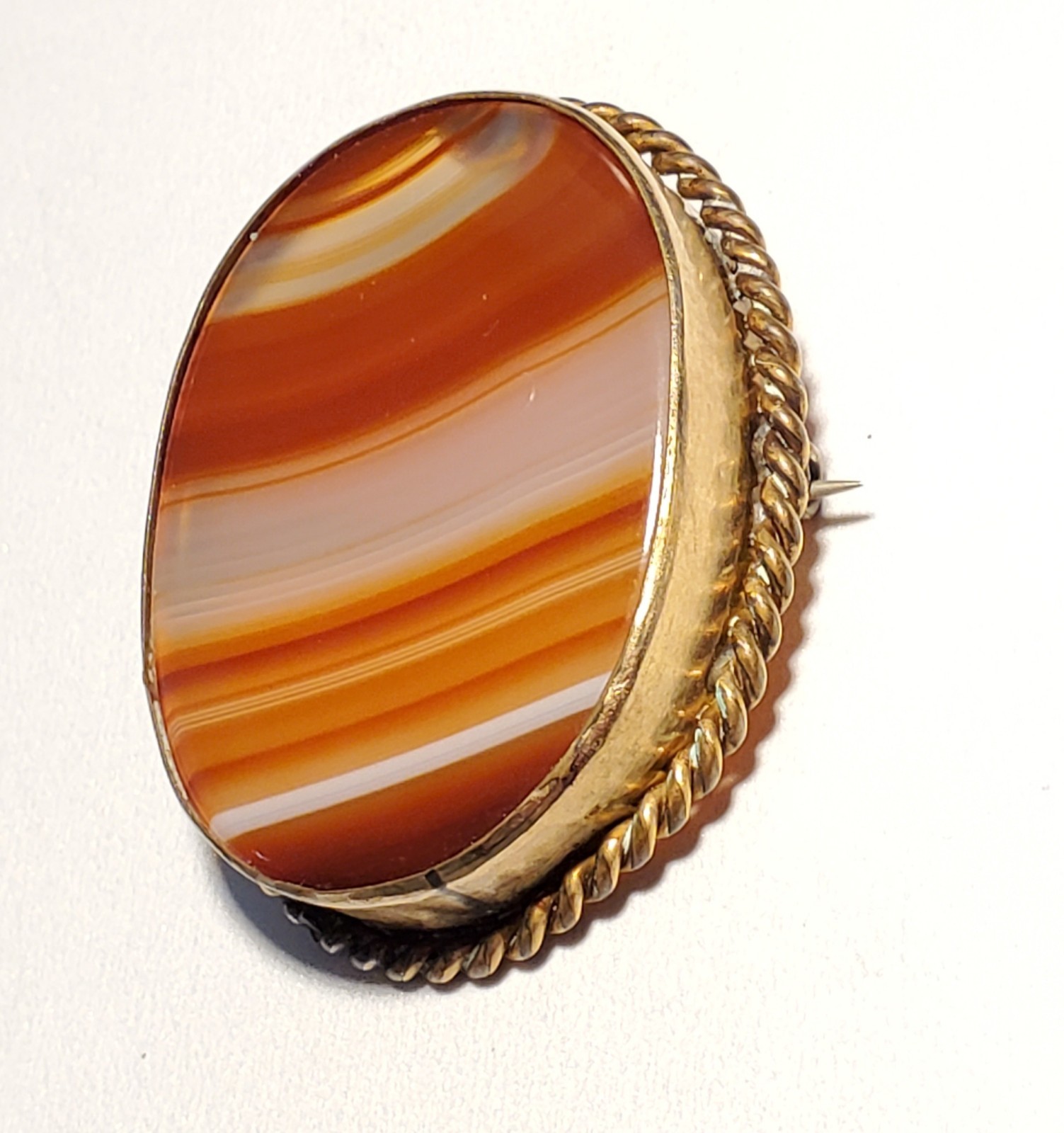 Antique Victorian Pendant / Brooch Banded Agate Twisted Rope Design Gold Filled