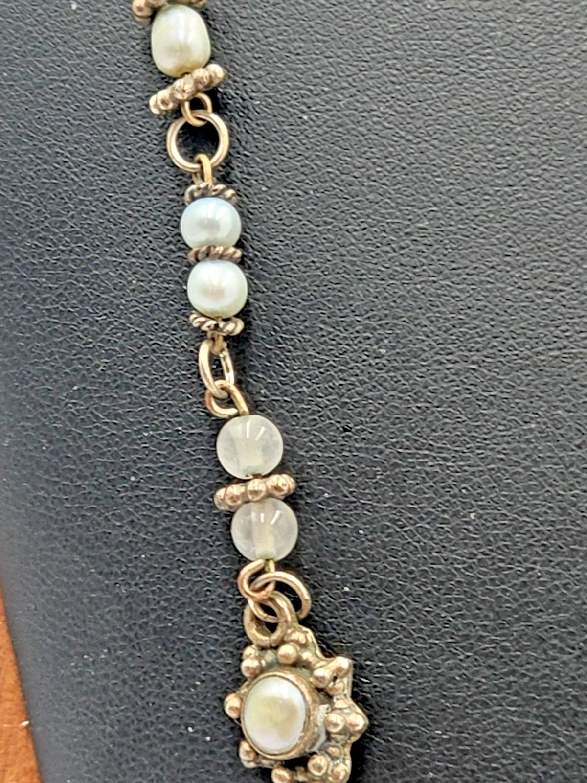 Vintage Artisan Sterling Pearl & Gemstone Drop Necklace Boho Floral .925