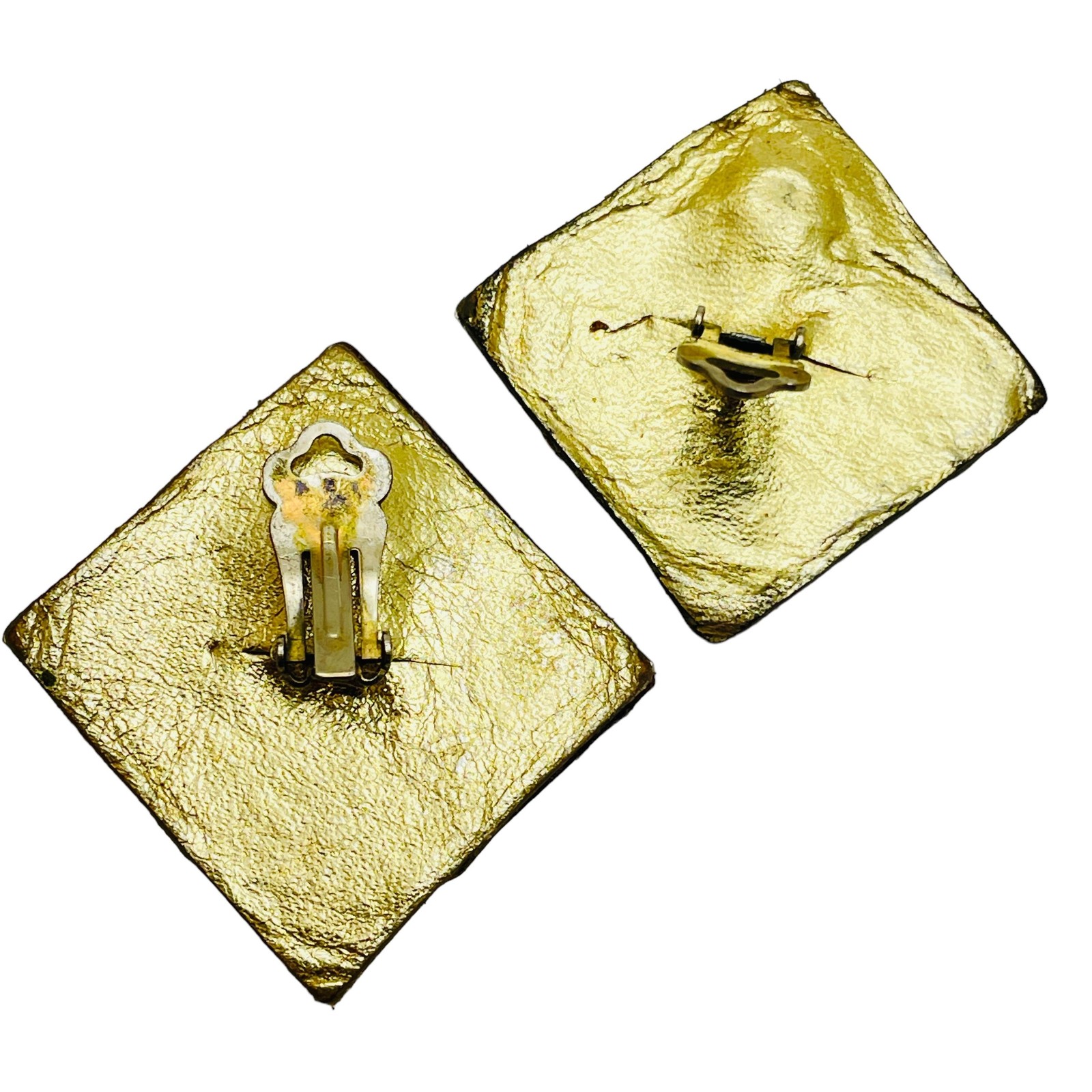 Vintage gold leather rhinestone designer runway clip on earrings