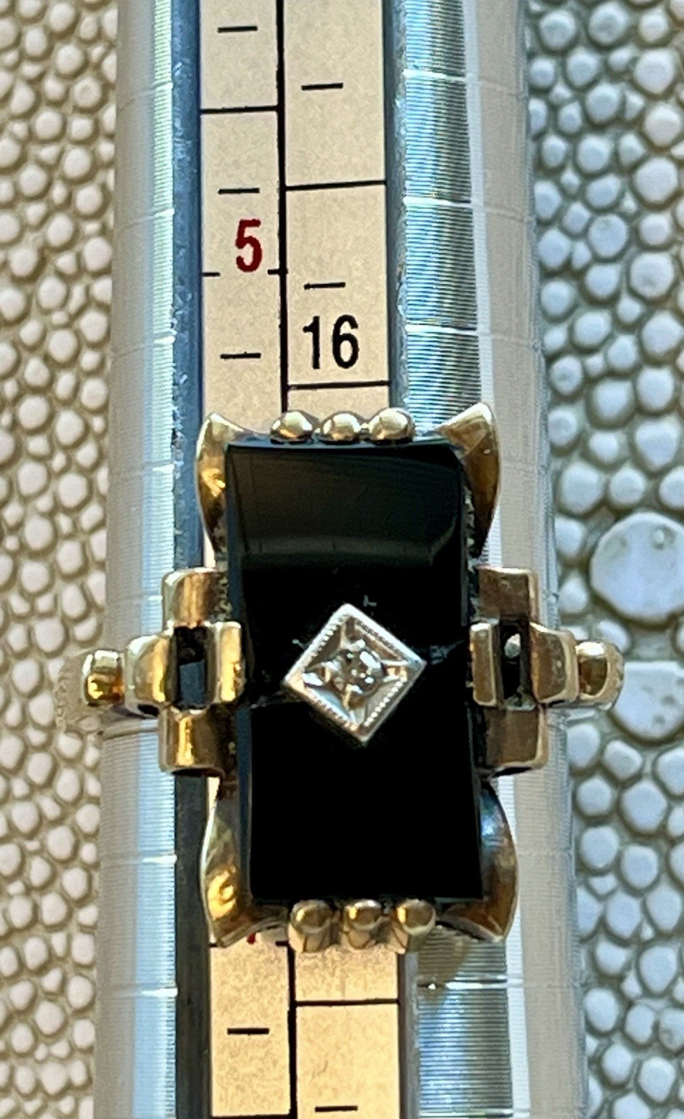 🖤 Antique Art Deco Large Rectangle Black Onyx & Diamond 10k Yellow Gold Ring 6
