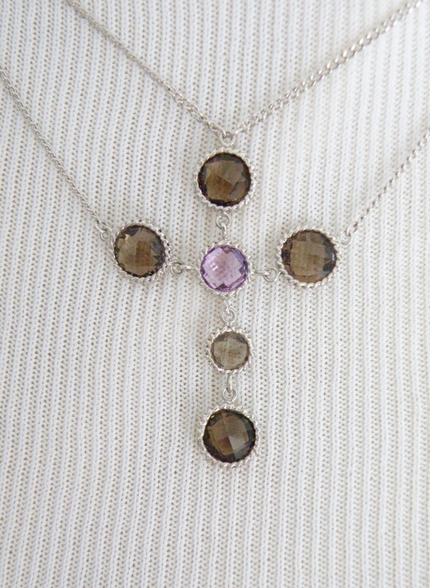 Vintage Sterling Silver 925 Natural Amethyst Lavalier Choker Necklace 16″