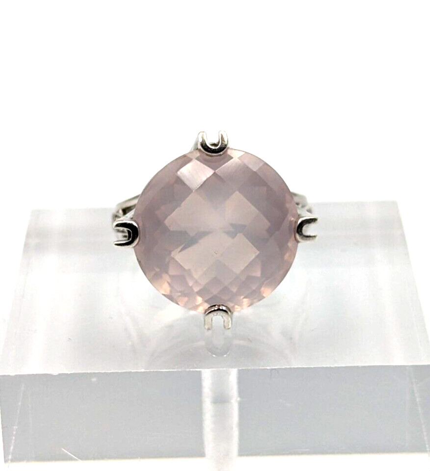 Sterling Silver 925 Checkerboard Cut Pink Chalcedony Clear Topaz Ring Sz 6