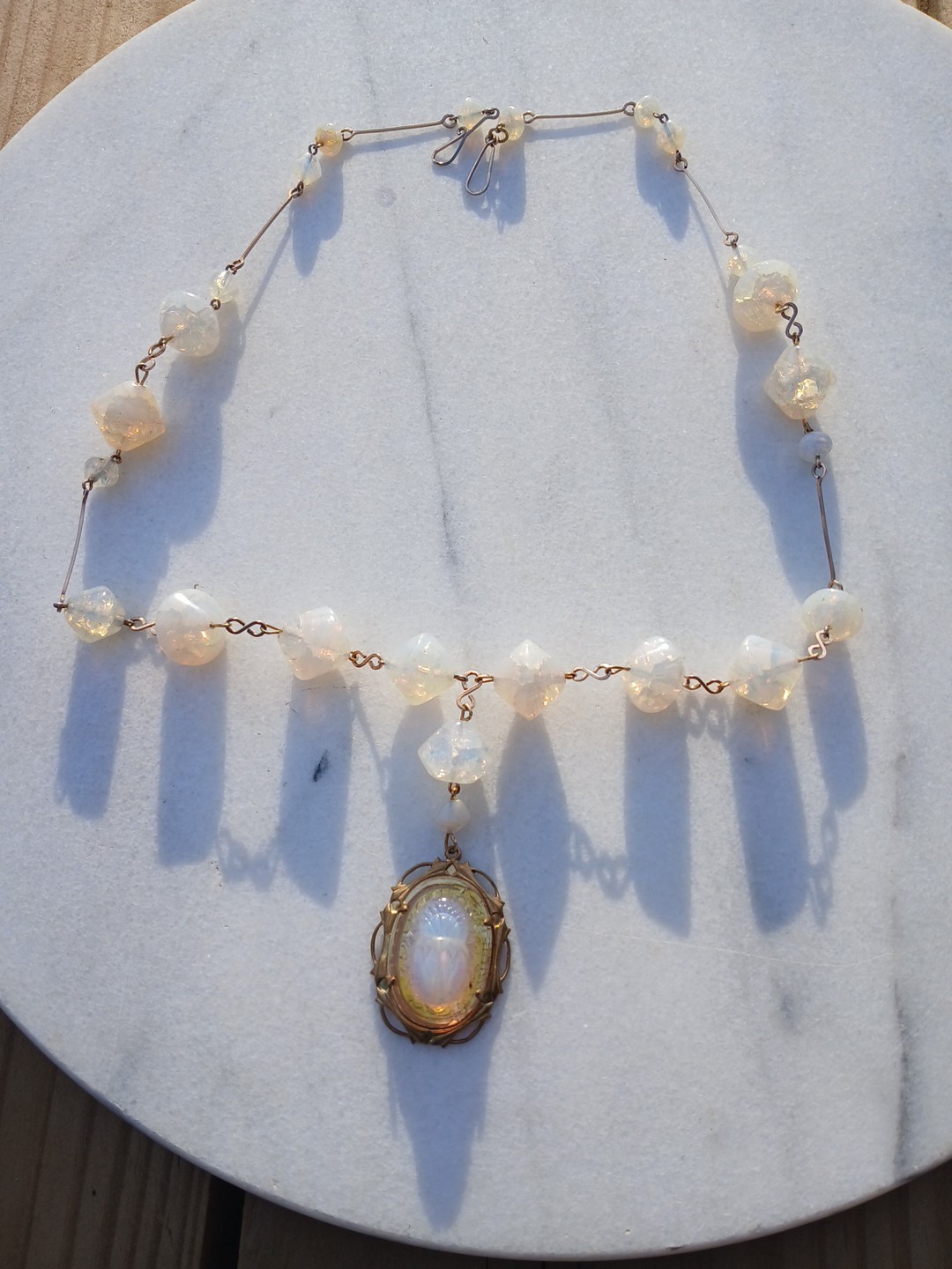 SALE! VINTAGE EGYPTIAN OPAL FOIL SCARAB ANTIQUE FOIL CRACKLE GLASS NECKLACE SET