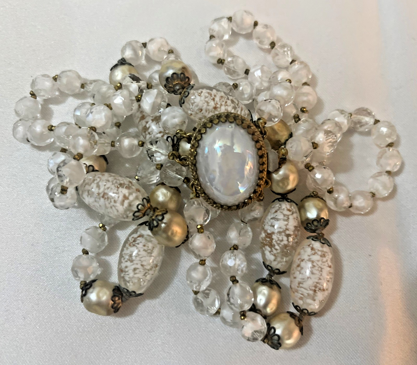 Vintage Foil Glass Necklace Murano Multistrand White Beaded Estate Jewelry Rare