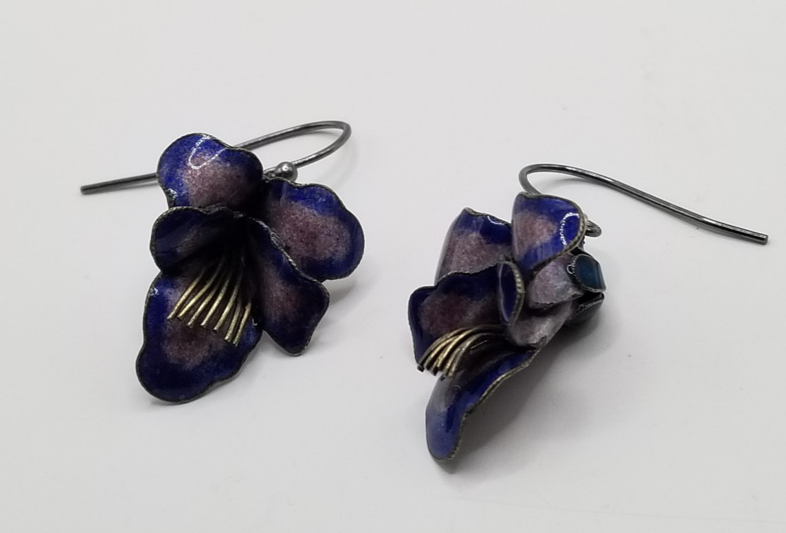 Vtg 925 Sterling Silver Purple & Blue Enameled 3D Pansy Flower Dangle Earrings