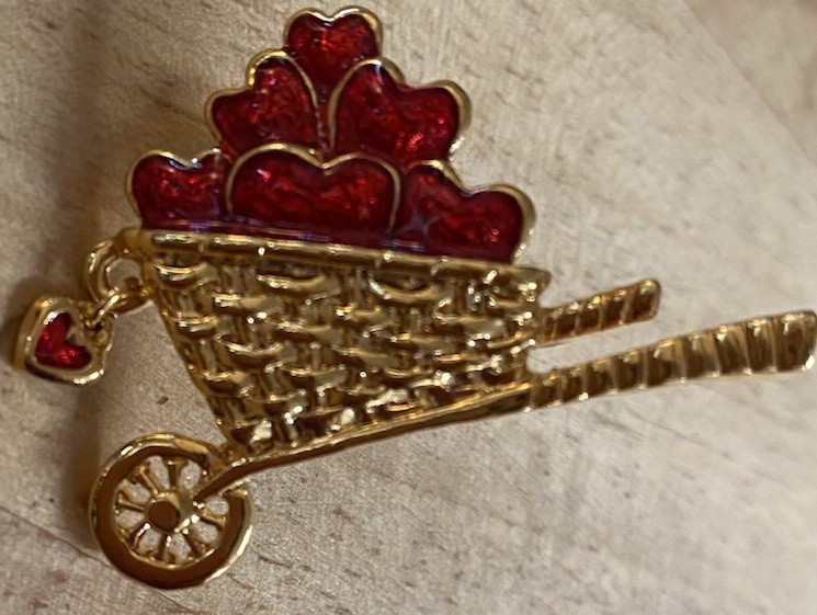 Vintage Avon Garden of Love Enamel Brooch Wheelbarrow Full Hearts Pushback Pin