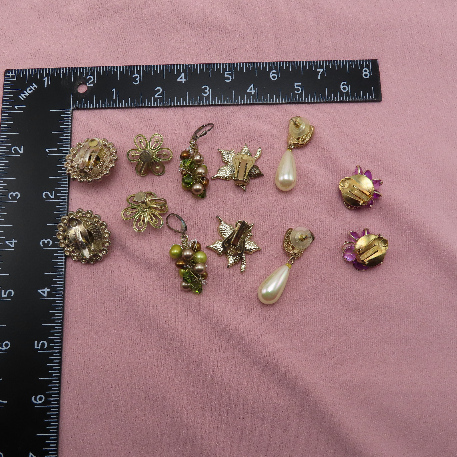 6 Pair Earrings Vintage Signed Purple Green Rhinestone White Leaf Pearl Lot 84c