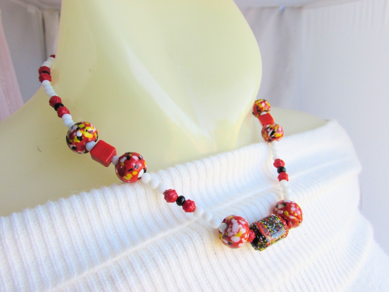 70s Vintage Orange Yellow White Black Venetian Glass Bead 16′ Necklace