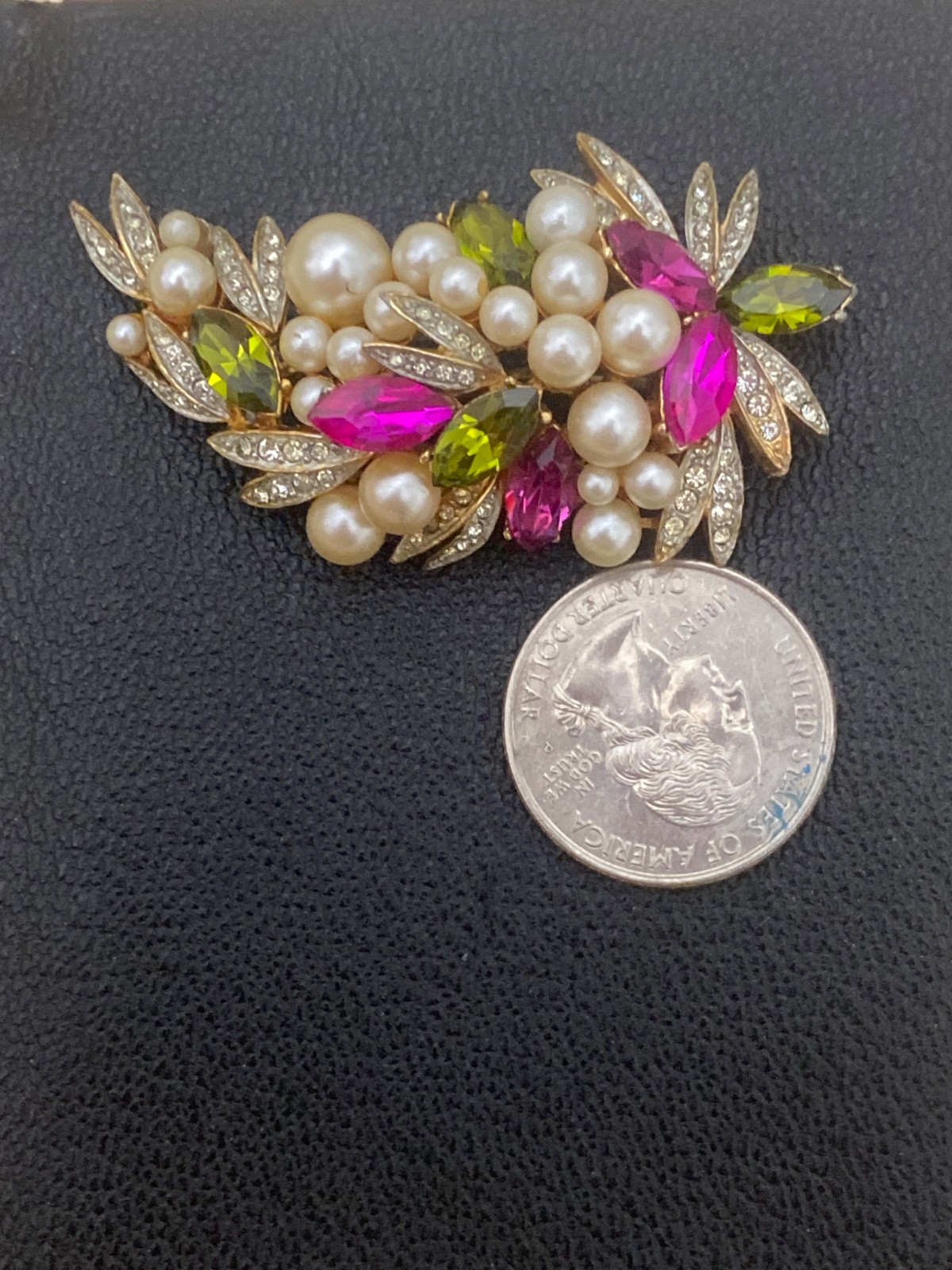 Vintage Brooch Pin, R. Mandle, Faux Pearls, Dark pink & green rhinestones