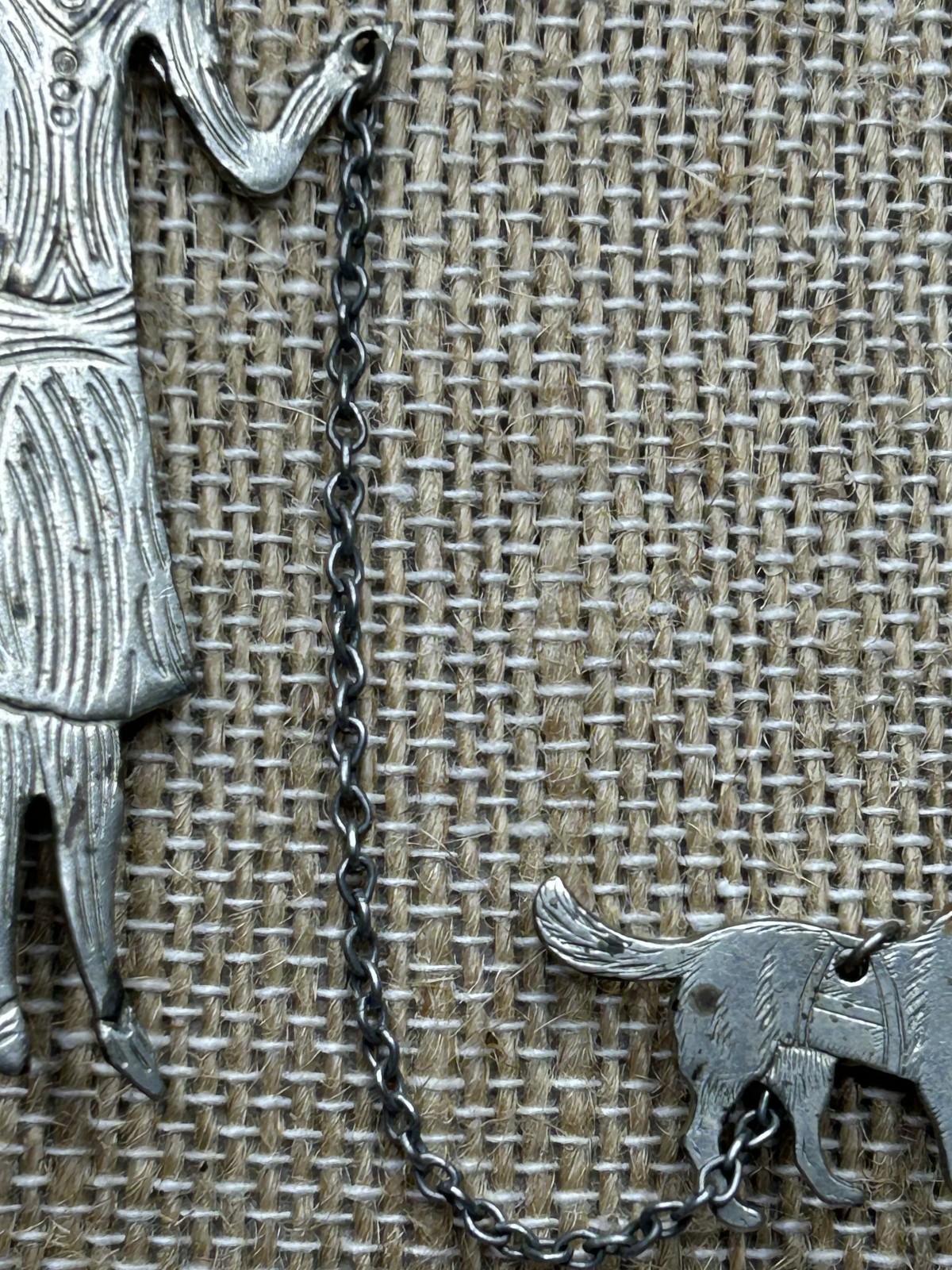 Antique Art Deco Lady Walking Dog Brooch Pin Silver Tone Flapper 1920s