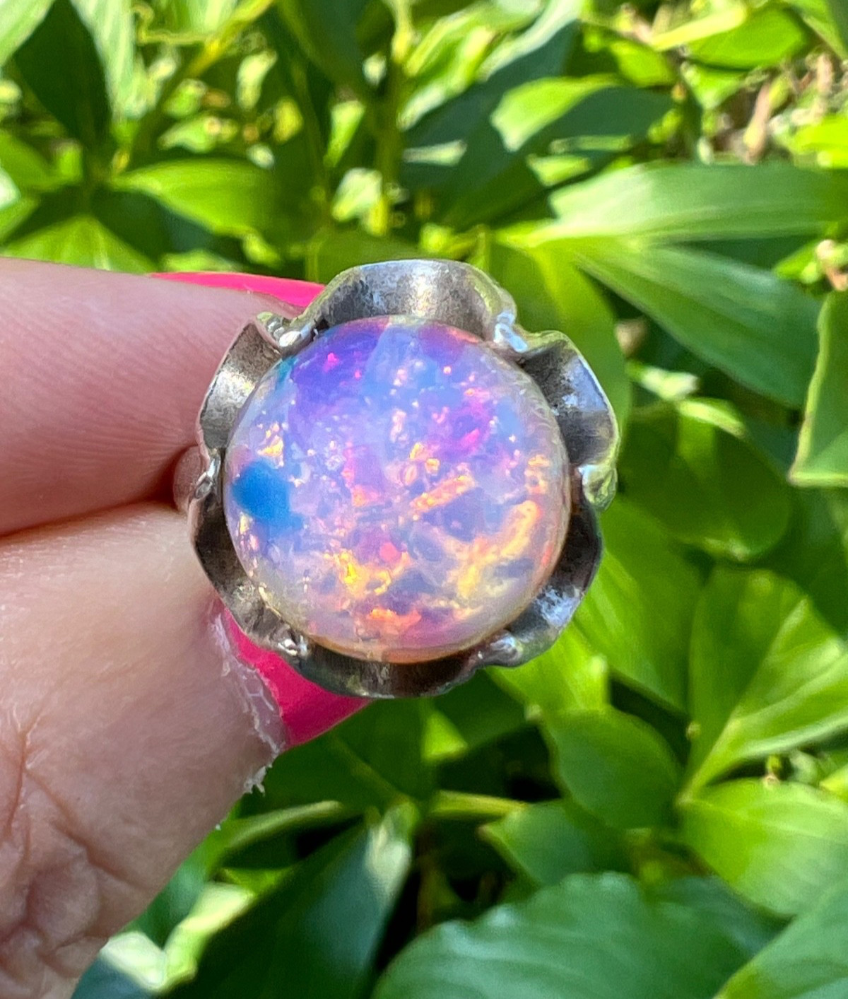 VINTAGE LARGE ROUND CABOCHON FAUX RAINBOW OPAL RING 925 STERLING SLVER MEXICO