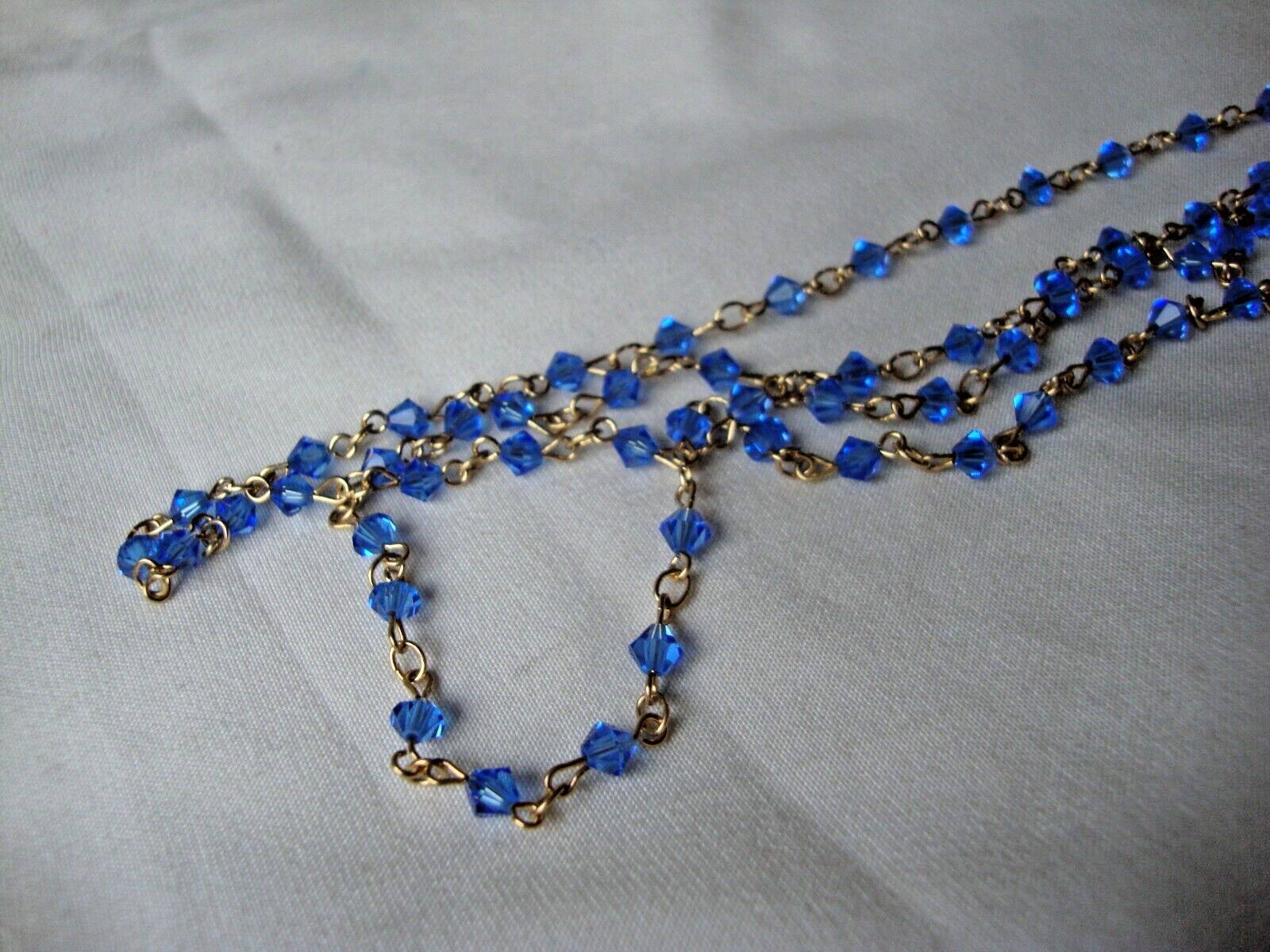 VINTAGE MINIATURE AUSTRIAN CRYSTAL SWISS BLUE CRYSTAL BEADS GOLD TONE NECKLACE