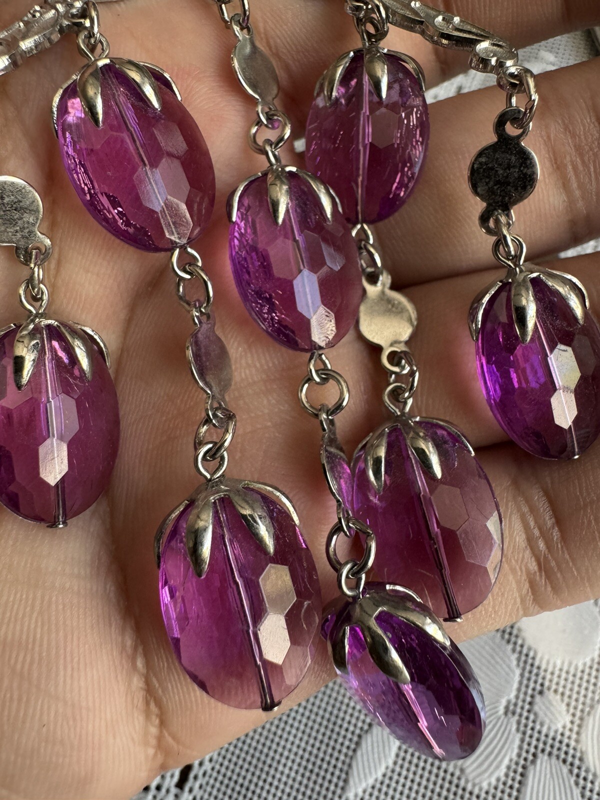 Vintage SARAH COV. silver TONE Rolo Chain&purple Chandelier Pendant Necklace