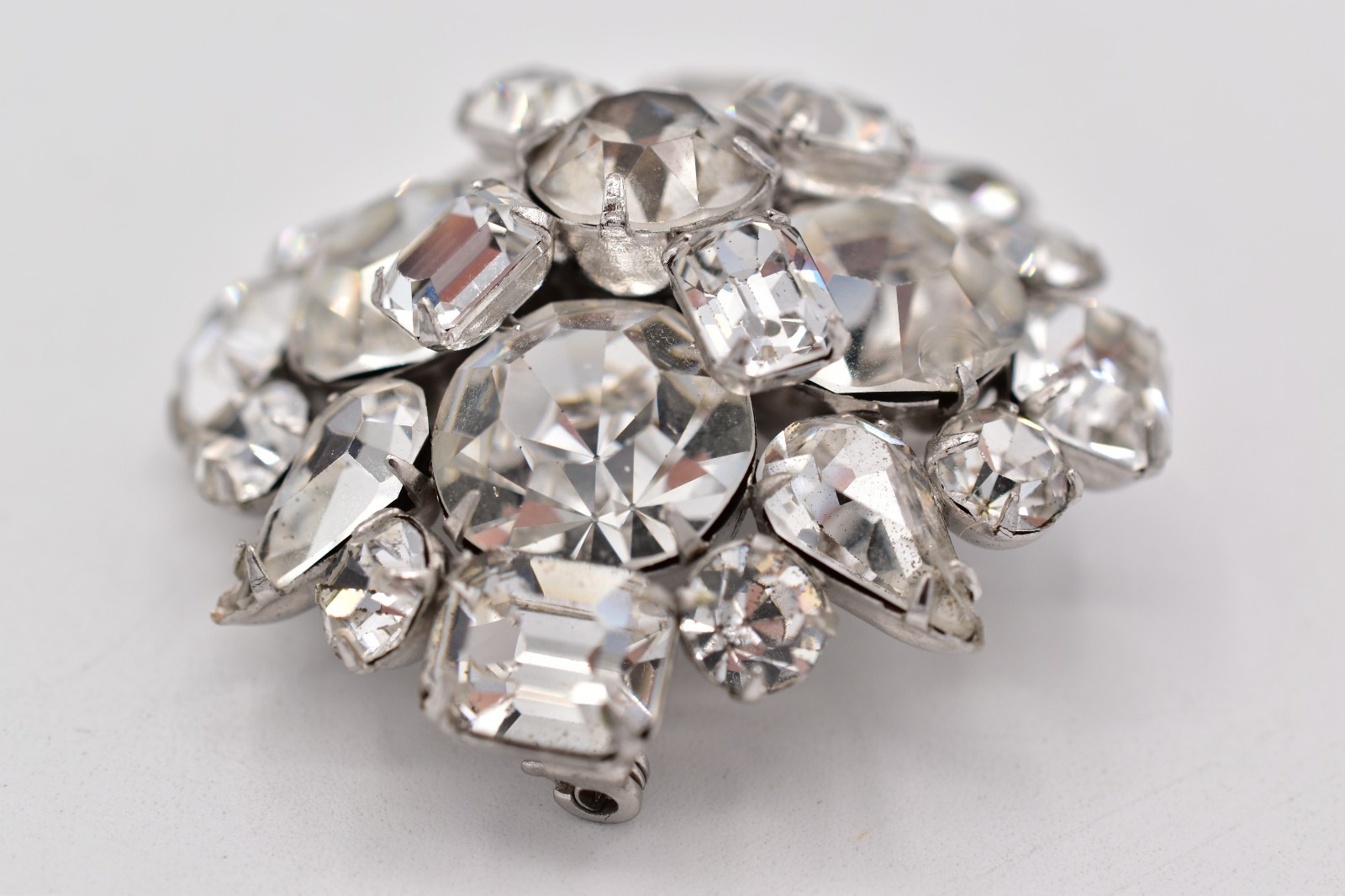 Vintage Clear Rhinestone Cluster Brooch Pin Silver Prong Baguette Crystal BinBP