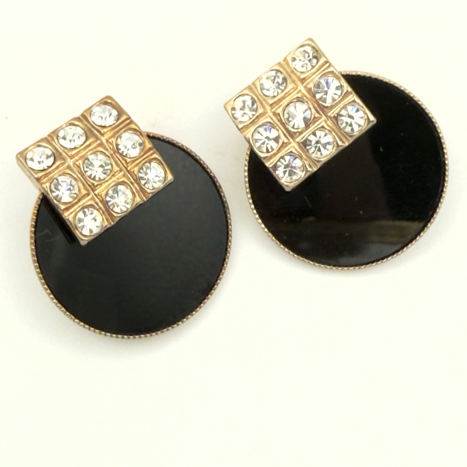 Vintage Rhinestone Clip On Earrings Black Enamel Gold Tone Geometric Discs