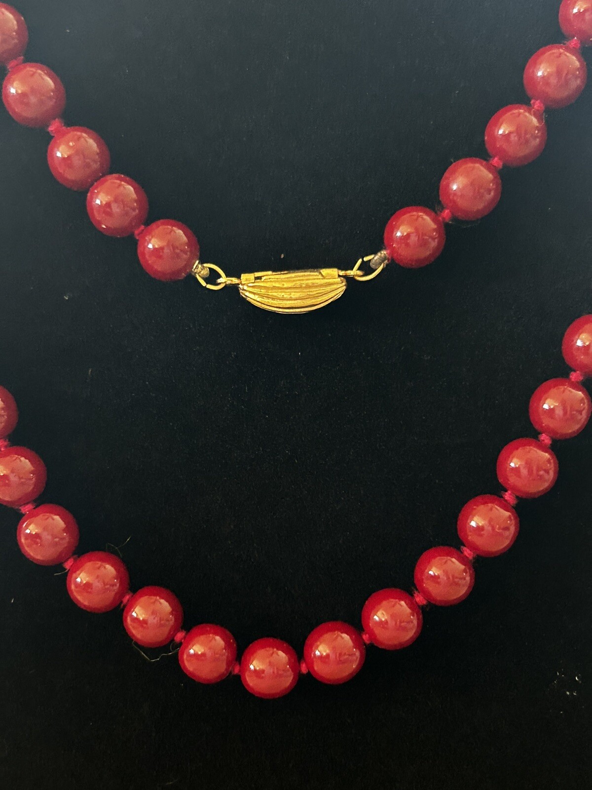 Red Glass Bead Necklace Faceted Knotted 31 in Vintage Box Tab Clasp