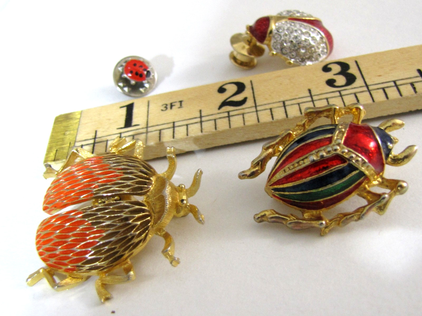 Vintage Enamel Beetle Pin Brooch Lot Gold Tone Lady Bug Flying Insect Rhinestone