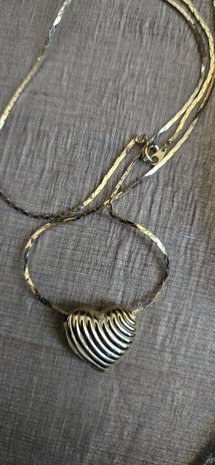 Goldtone Vintage Lined Puff Heart on 24 Inch Snake Chain Necklace