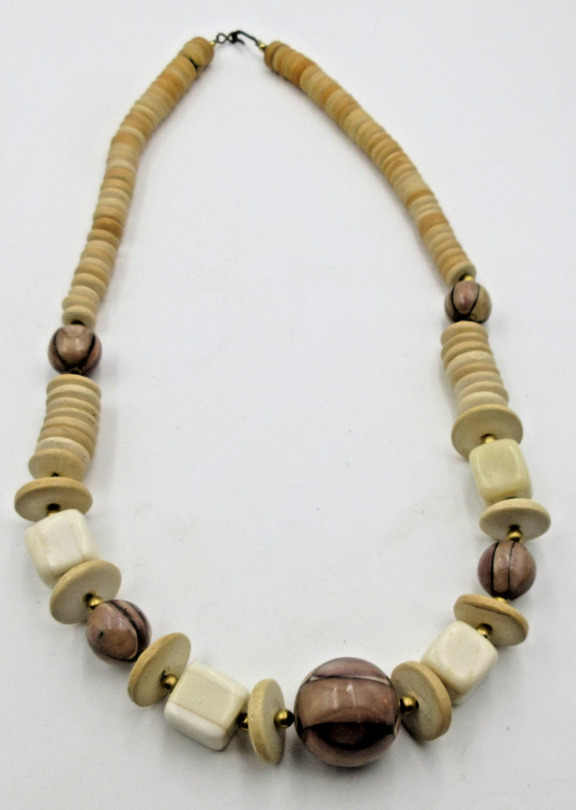 VTG 25″ UNUSUAL off white brown gold tone CHUNKY decor strand BEAD HOOK Necklace