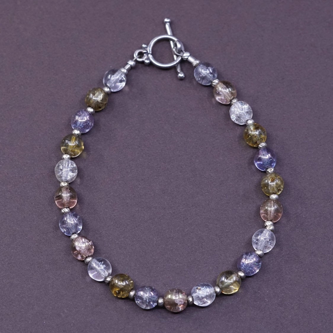 7″, vtg Sterling silver handmade chain crystal beads bracelet w/ toggle closure