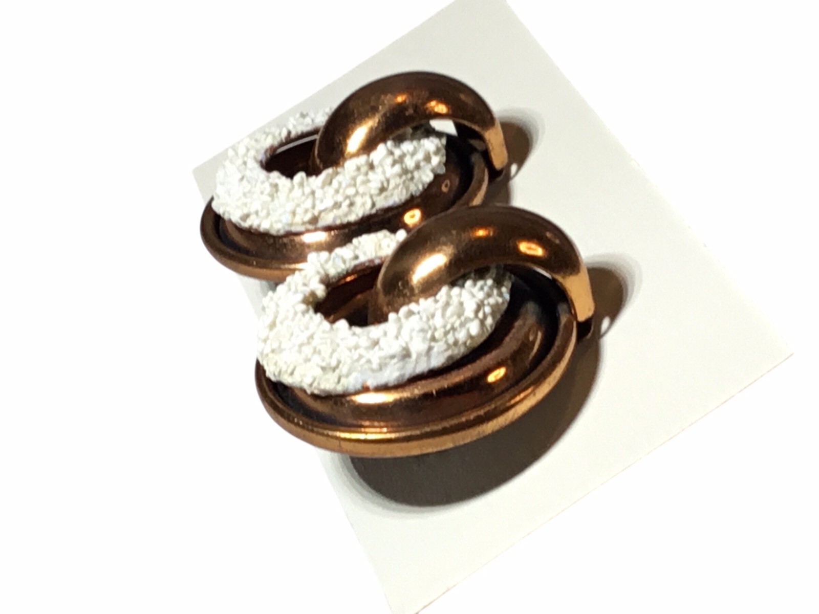 MATISSE Signed Copper Finish Vintage Clip On Earrings White Enamel Open Circle