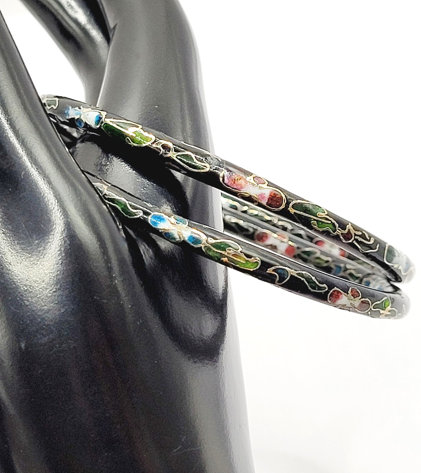 2 Cloisonné Asian Inspired Black Dark Shiny Floral Hand Painted Bangle Bracelet