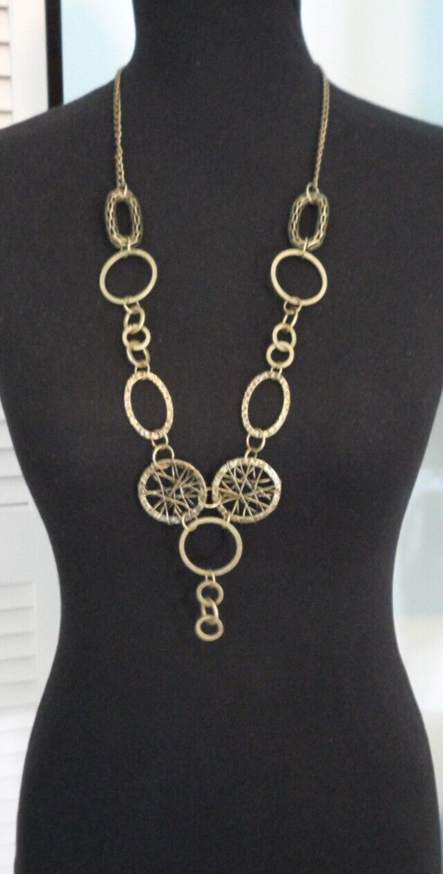 Long Bib Necklace Antique Brass Circle Oval Links Dreamcatcher Wire Wrapped