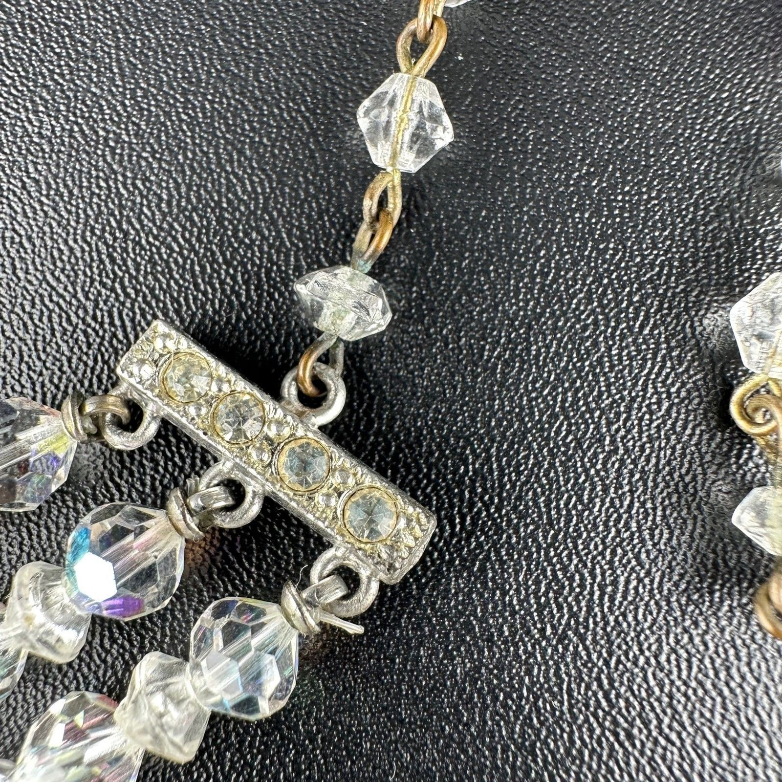 Vintage Aurora Borealis Necklace Crystal Faceted Three Strand Adjustable Hook