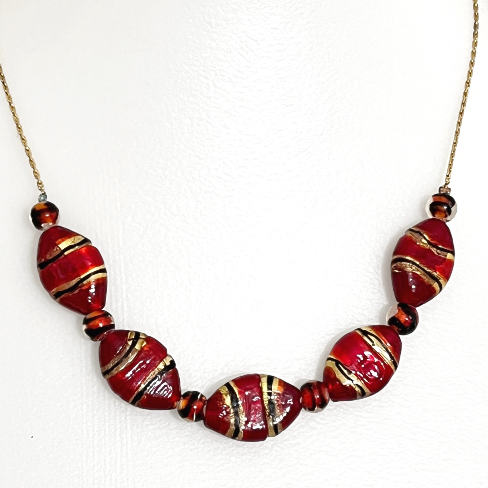 Vintage Art Glass Beaded Necklace Red Oval Gold Tone Foil Striped Handmade
