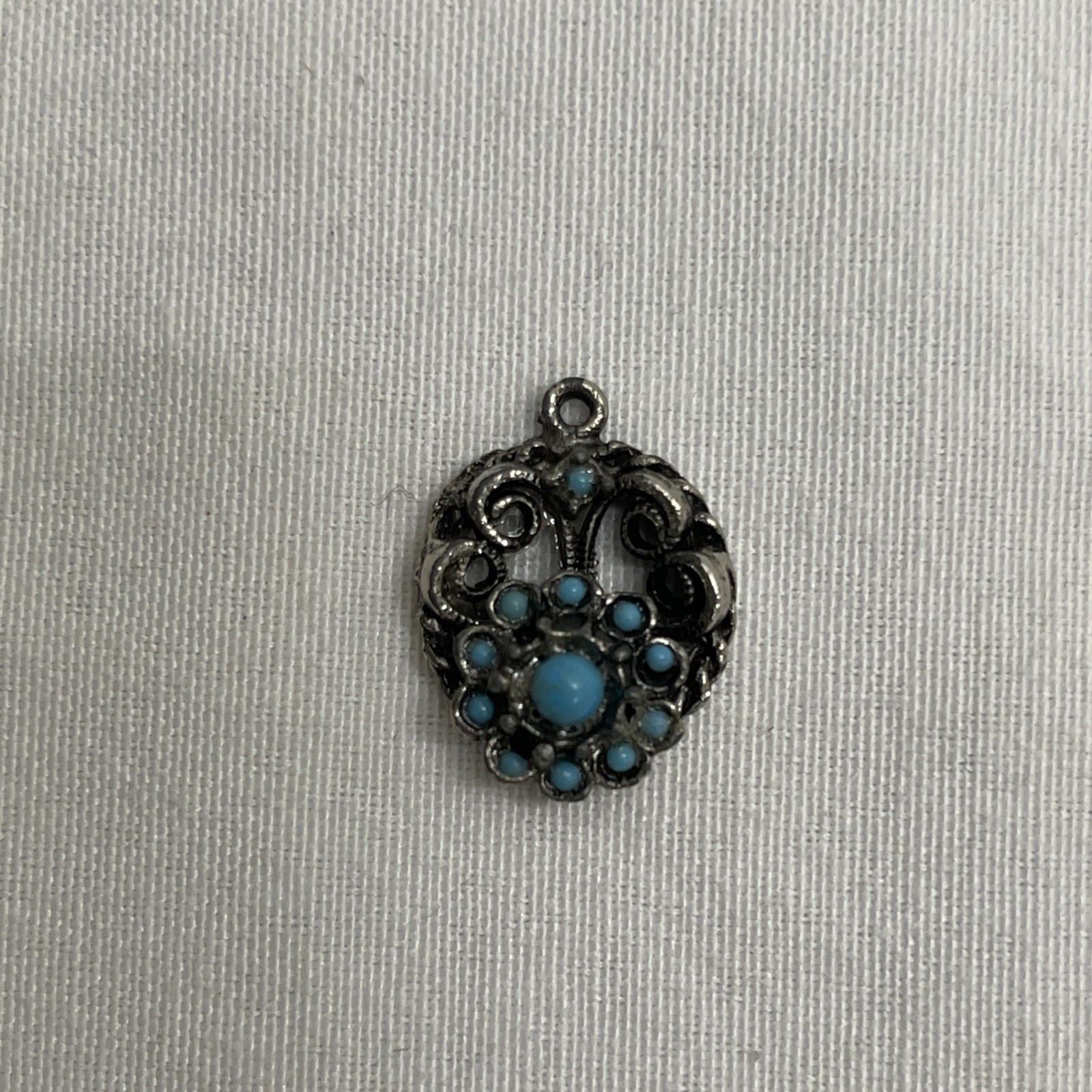 Vintage 1″ Silver-Tone Metal Pendant Charm With Turquoise-Blue Bead Cabochon