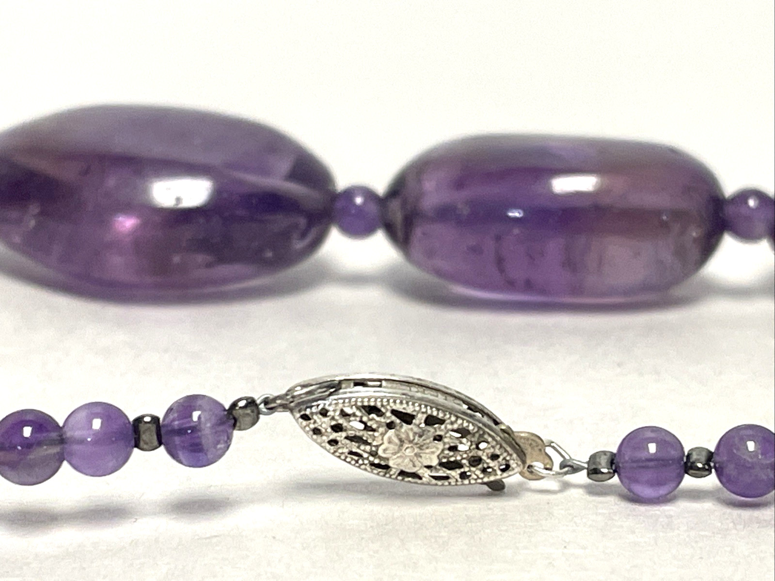 Vintage Large Natural Amethyst Bead Necklace 29″ 152g Sterling Silver Clasp