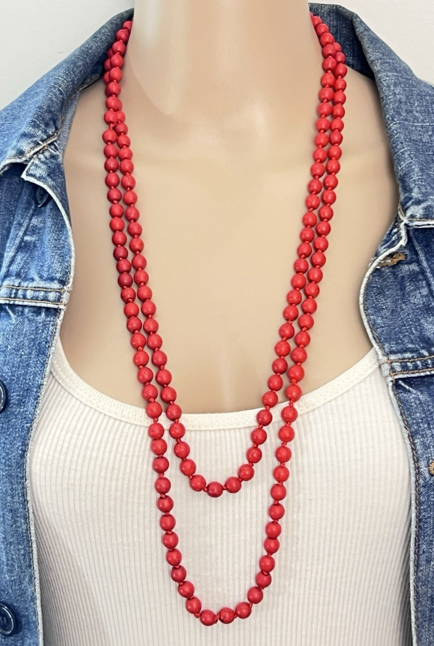 Vintage Hand Knotted Dyed Red Howlite Flapper Necklace 60 in
