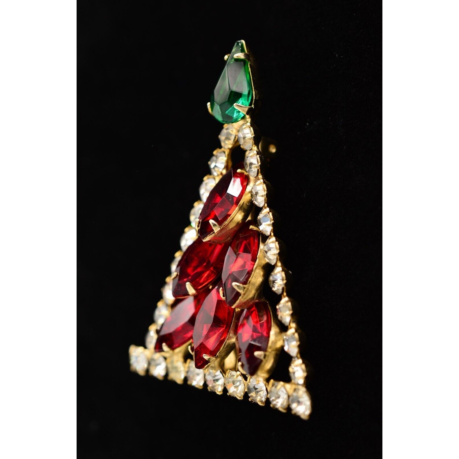 Vintage Crystal Christmas Tree Brooch Gold Green Red Marquise Rhinestone BinB
