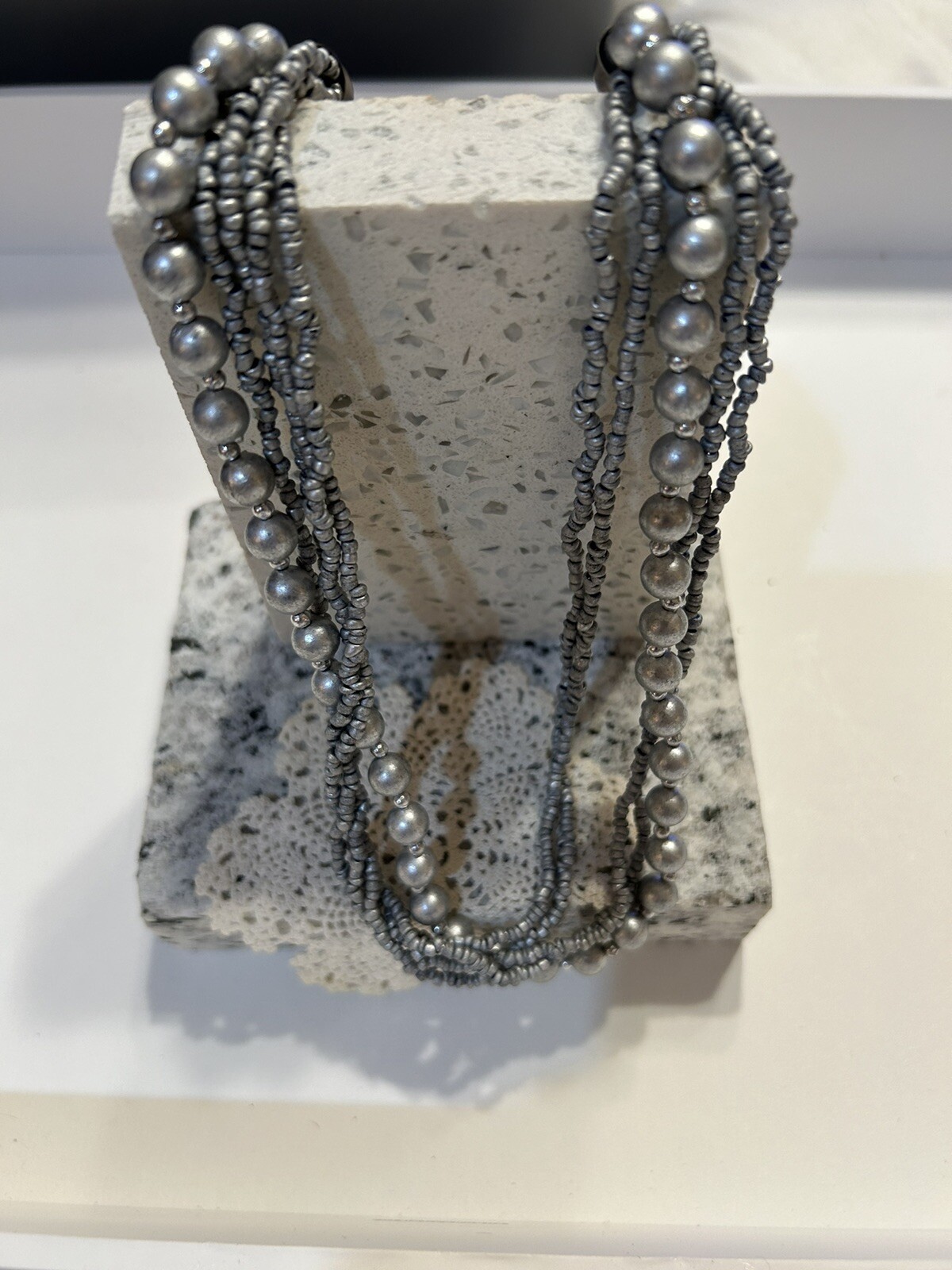 Vintage Multi Strand Silver Gray Pearl and Seed Bead Necklace N5