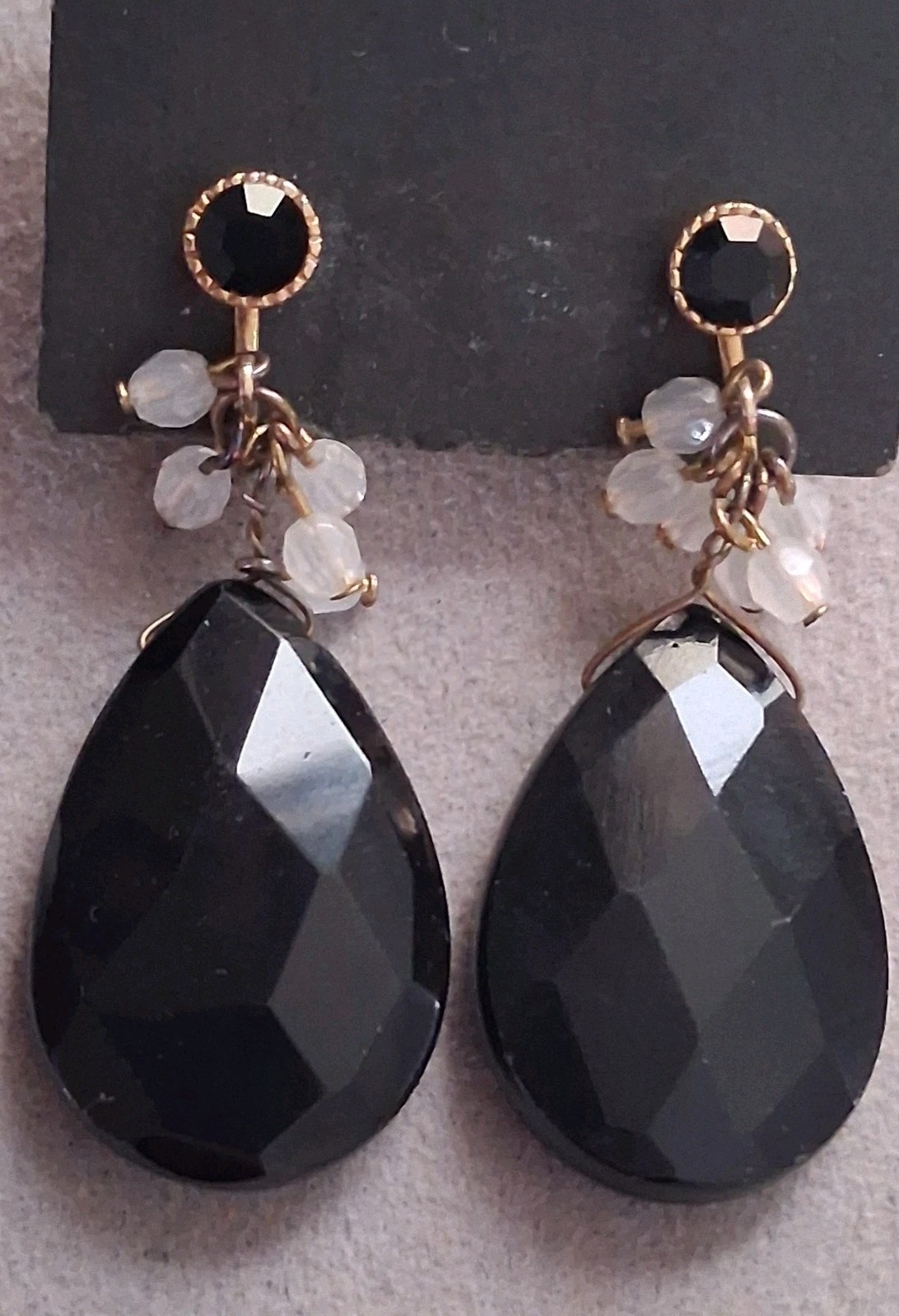 Faceted black glass teardrop stone adjustable clip on earrings w/dangle accents