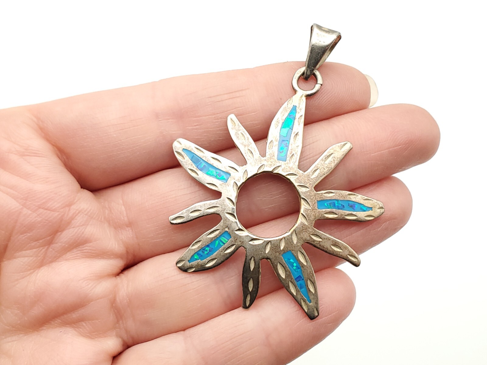 Vintage Sterling Silver Open Circle Sun Opal Inlay Mexico Pendant for Necklace