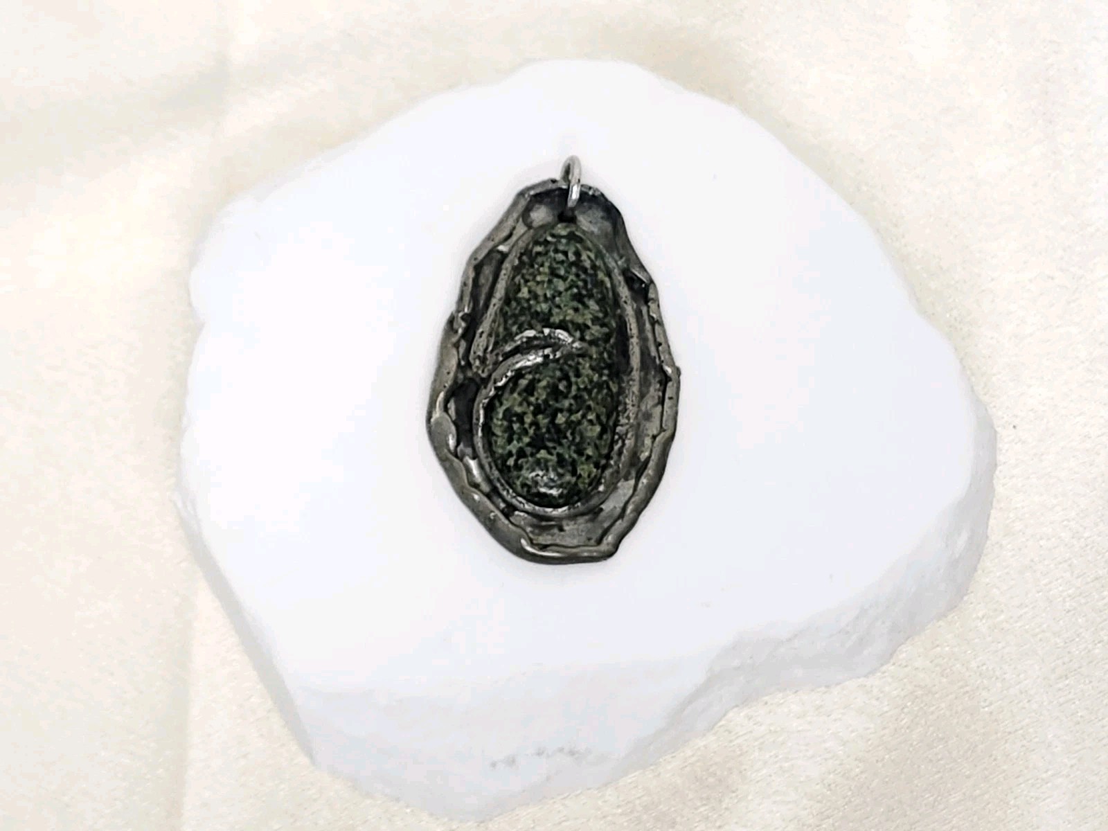 Handmade Nickel Silver Or Pewter Pendant W Polished Black & Green Stone – 2″ L