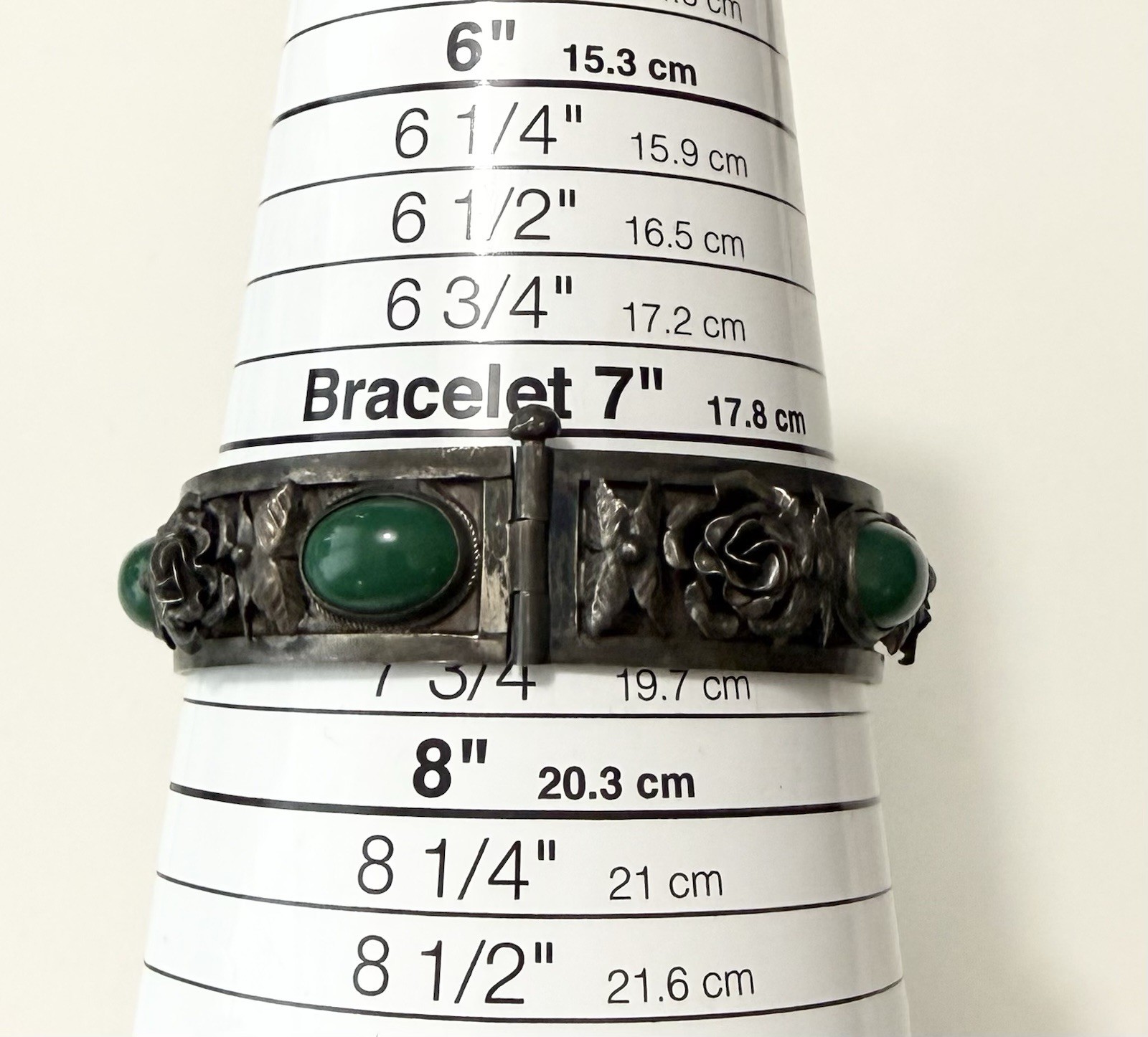 1930s BAUSI BRUNO Italy 800 Silver Chrysoprase 3D Roses Hinged Bangle 44g