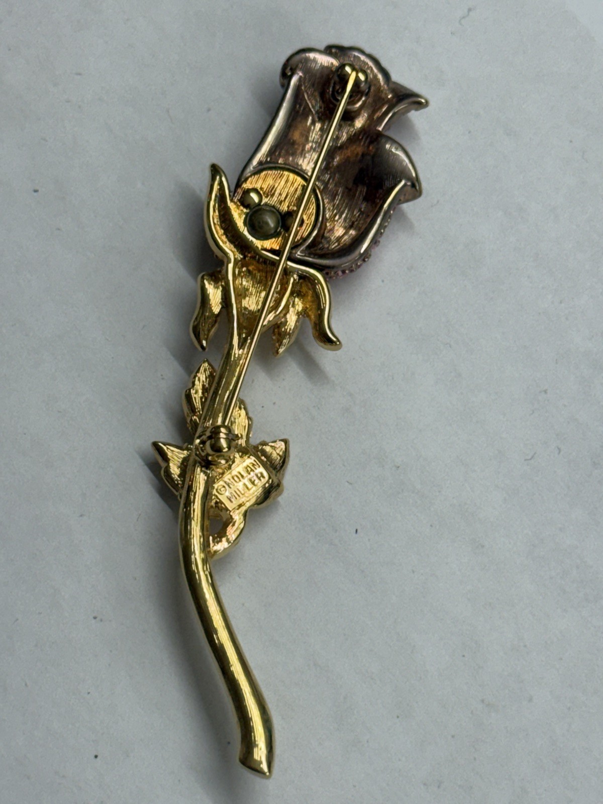 Vintage Nolan Miller Pink And Clear Crystal Rose Backpin Brooch 1990 Fashion.